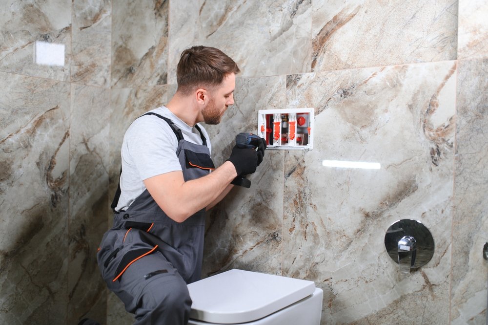 Plumber Installing Toilet In restroom Plumber installing toilet in restroom