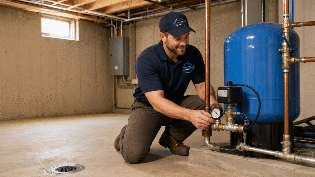 PlumbWell technician checking the pressure gauge on a residential well pressure tank