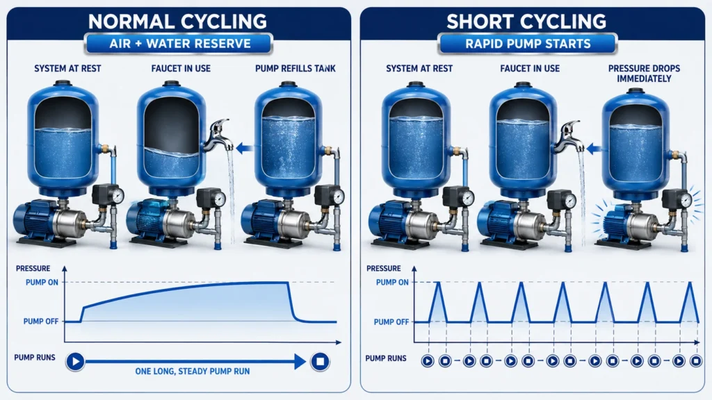 Diagram comparing normal well pump cycling with rapid short cycling