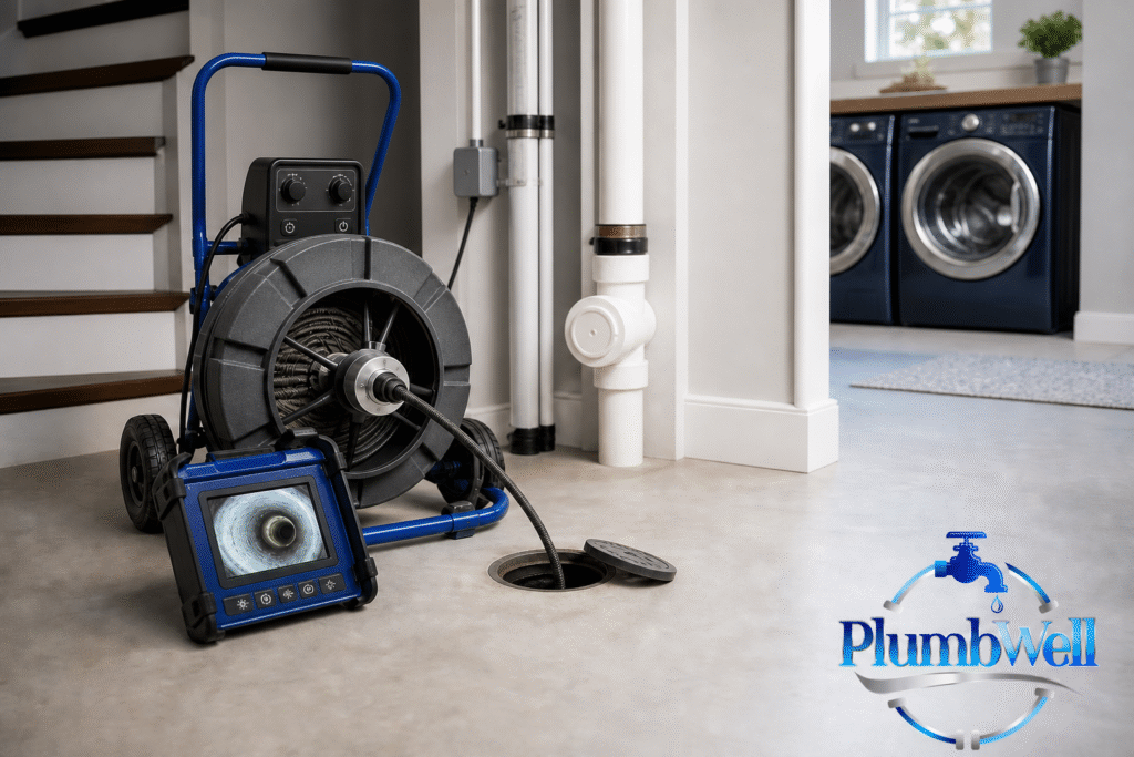 Professional drain-cleaning and sewer-camera equipment inspecting a residential main drain