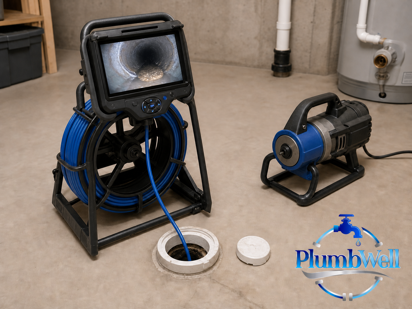 Professional sewer camera and drain-cleaning equipment inspecting a residential drain line