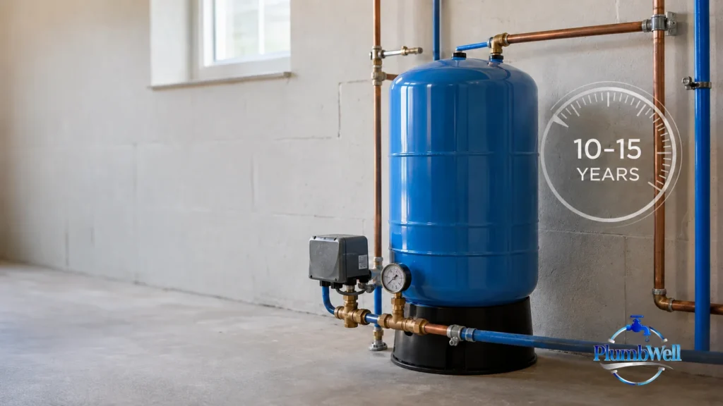 Blue residential well pressure tank showing an expected lifespan of 10 to 15 years
