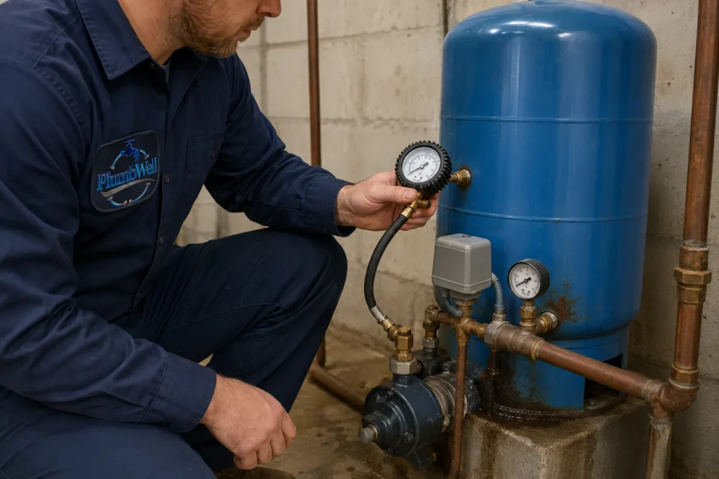 PlumbWell technician testing the pressure of a residential well pressure tank