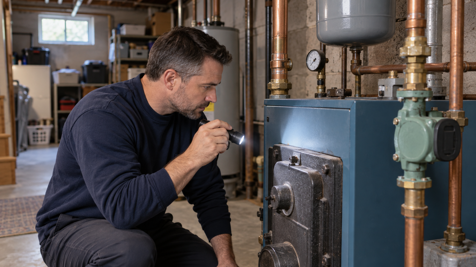 Heating technician visually inspecting the exterior of an older residential boiler