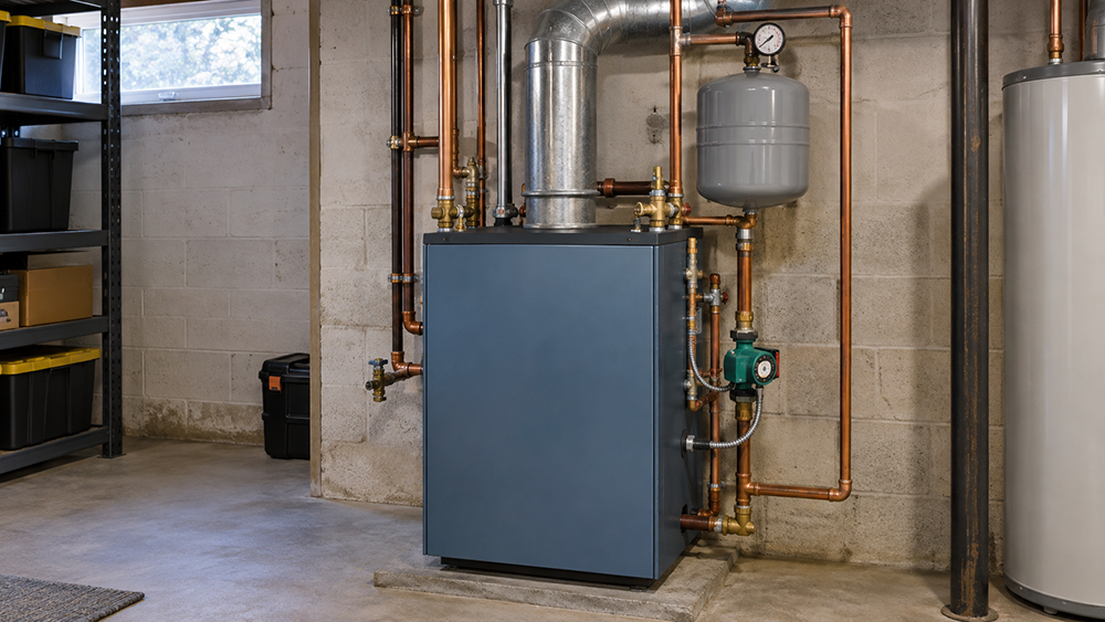 A floor-standing hot-water boiler with copper piping and an expansion tank.