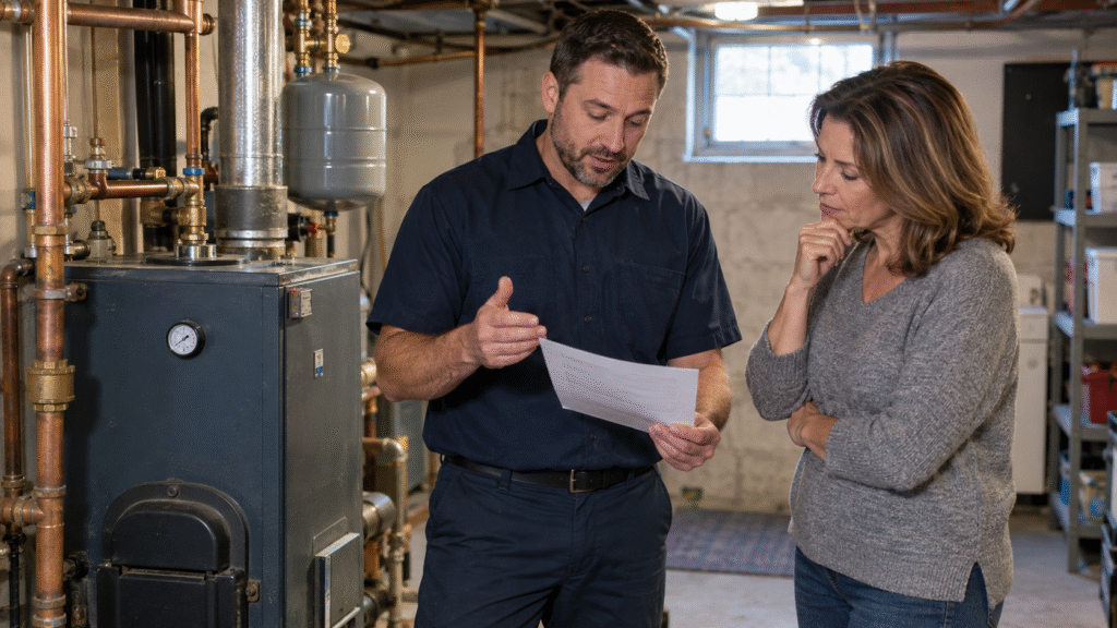 Homeowner discussing boiler repair and replacement options with a heating technician