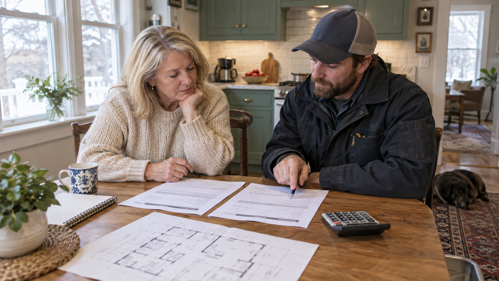 Homeowner and heating technician comparing boiler estimates at a kitchen table