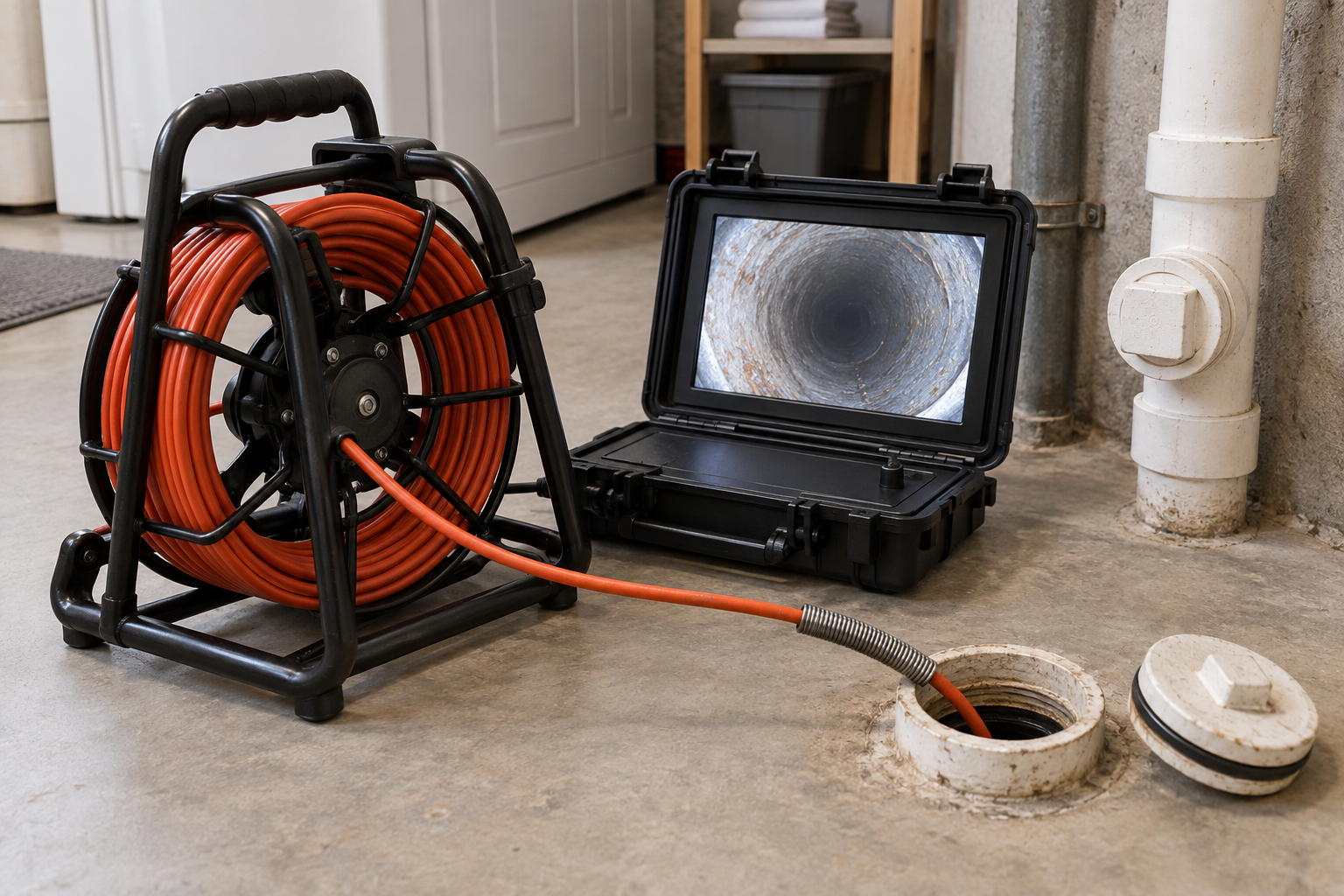 Drain inspection camera reel and monitor beside a residential cleanout