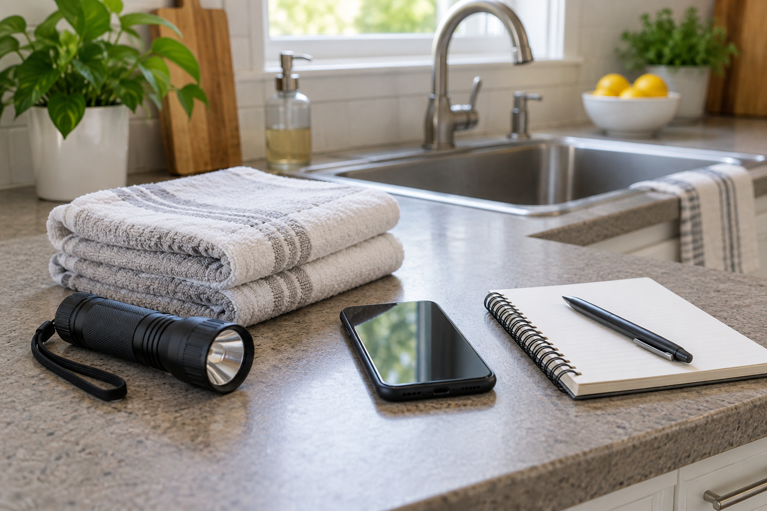 Flashlight, folded towels, phone, and notebook on a dry kitchen counter