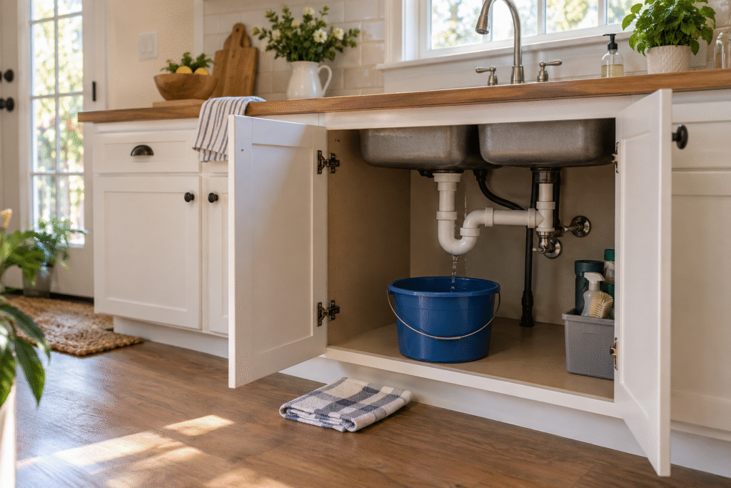 Blue bucket catching a small leak beneath an open kitchen sink cabinet