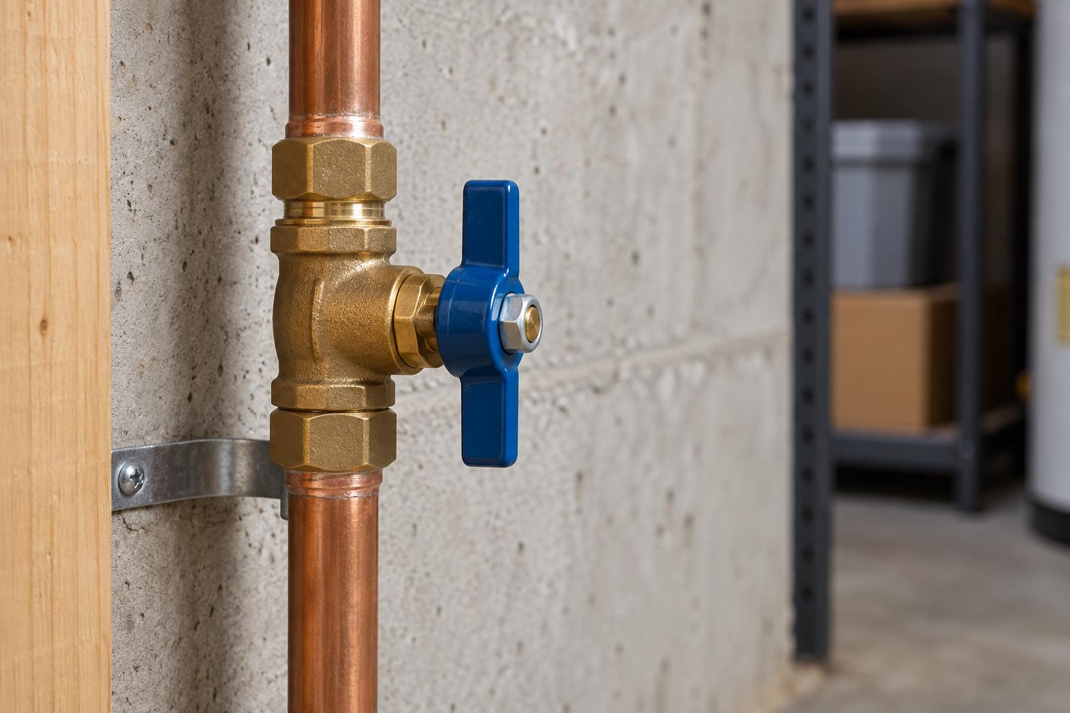Brass water shutoff valve with a blue handle on a copper supply pipe