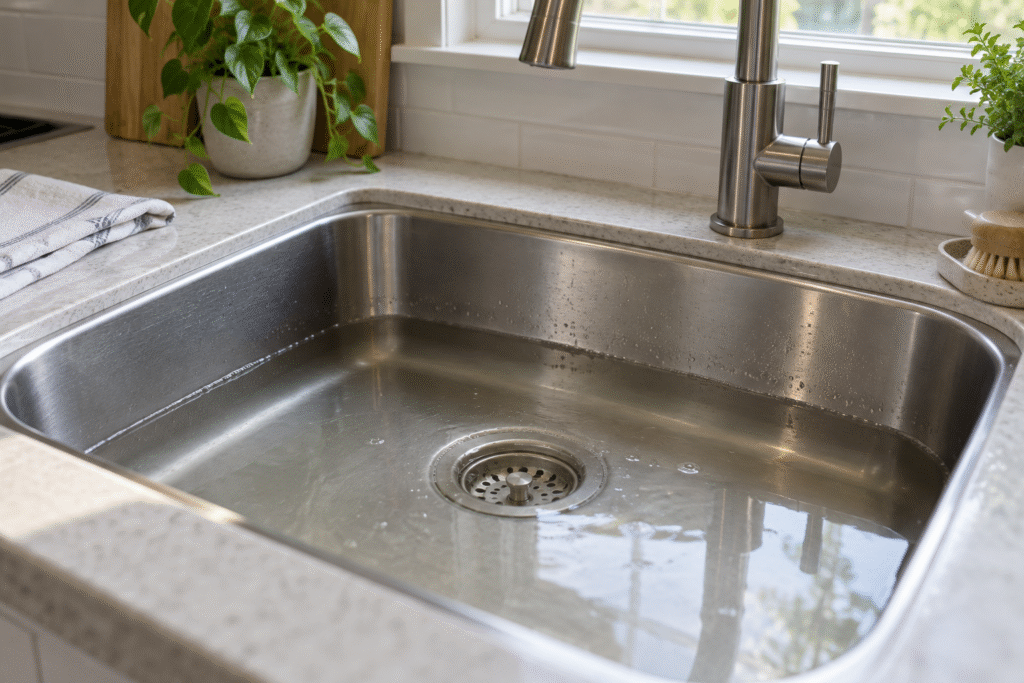Standing water around the drain of a stainless steel kitchen sink