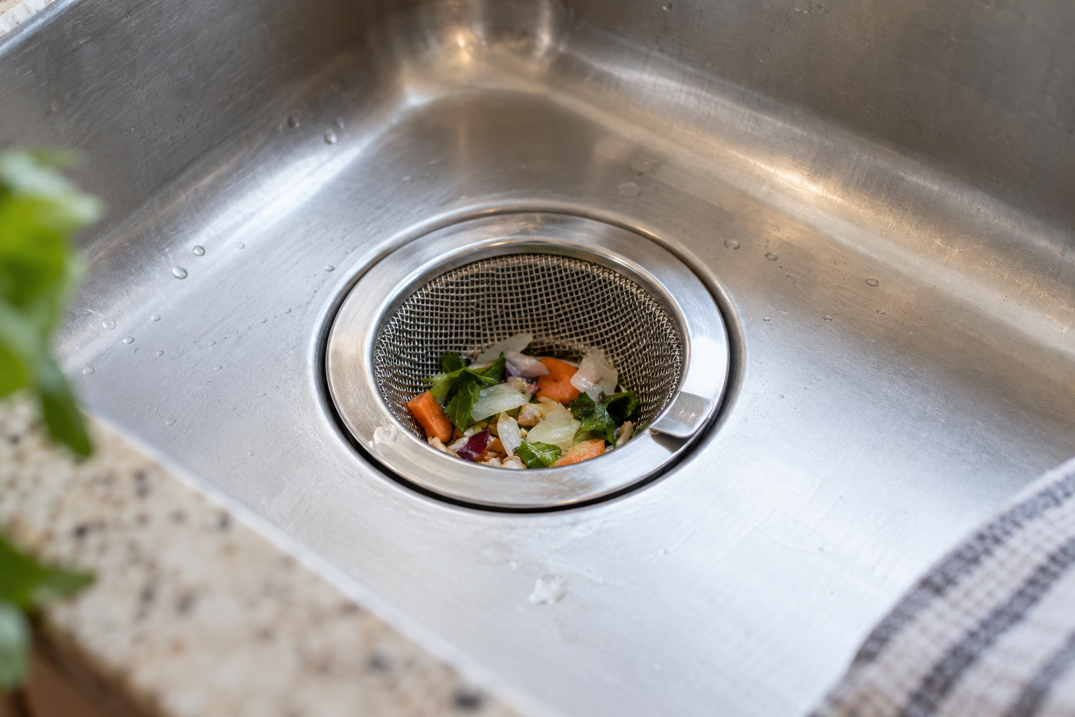 Fine-mesh kitchen sink strainer catching small food scraps