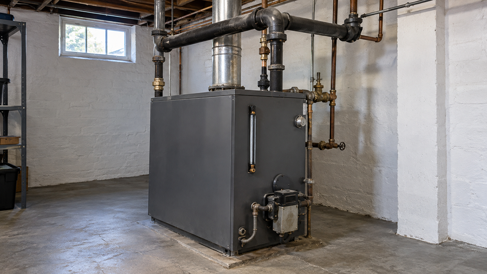 steam-boiler-system A floor-standing steam boiler with steel piping and a vertical sight glass.